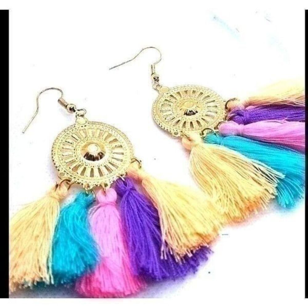 Multi colored rainbow gold toned tassel Dangle earrings